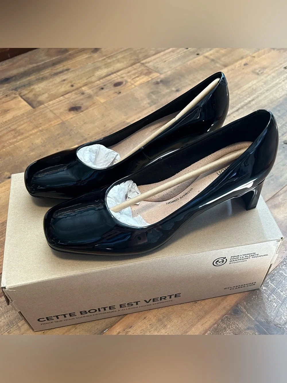 New Clarks Collection Pumps Kyndall Iris Black Patent Heels 7.5 M